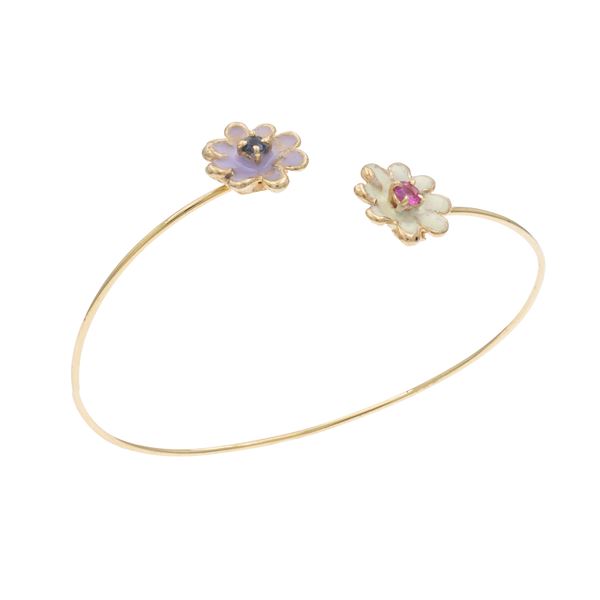 Bracciale fiori a motivo contrarié in oro giallo 14kt e smalto policromo