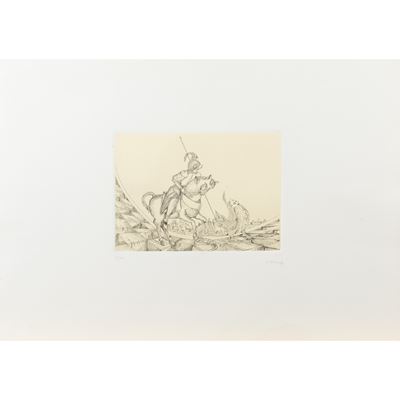 E. Rizzo, Cavaliere e drago, acquaforte
