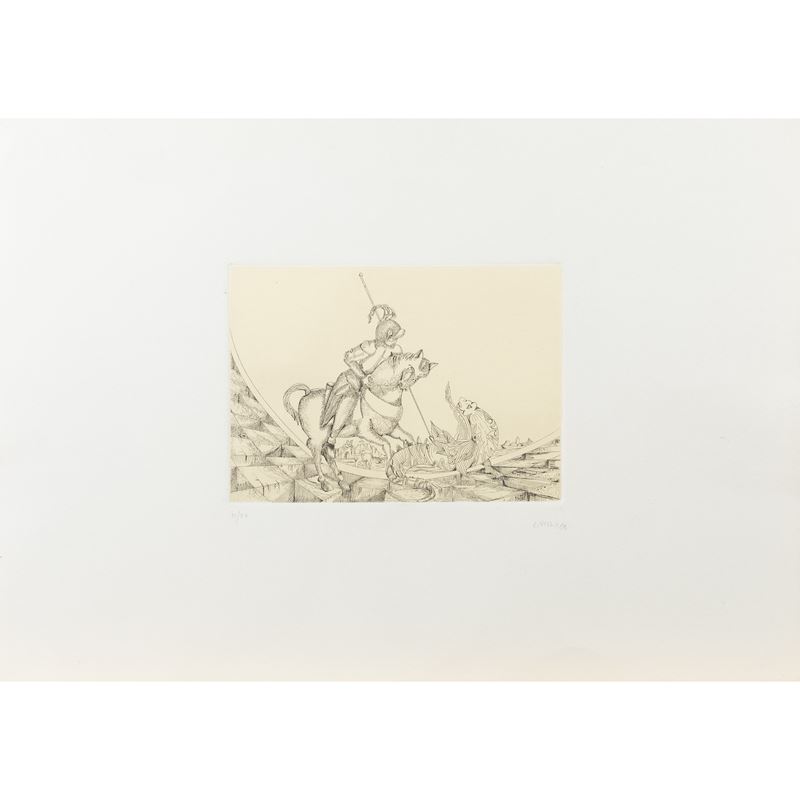 E. Rizzo, Cavaliere e drago, acquaforte