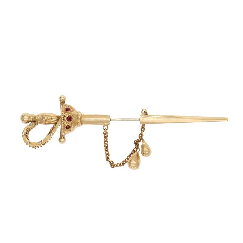 Antica spilla spada in oro giallo 18kt e granati