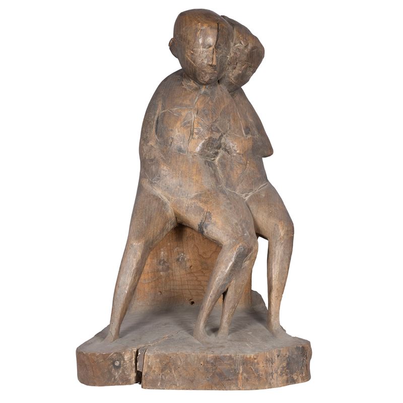 Alfio Castelli - Contadinelli a riposo, scultura in legno del 1953