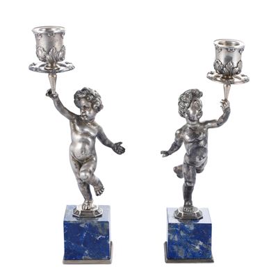 Coppia di Candelieri in Argento e Lapislazzulo
