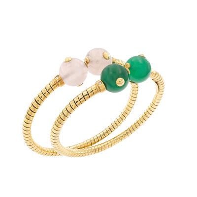 Perez, Coppia di bracciali a manetta in oro giallo 18kt con crisoprasio e quarzo rosa