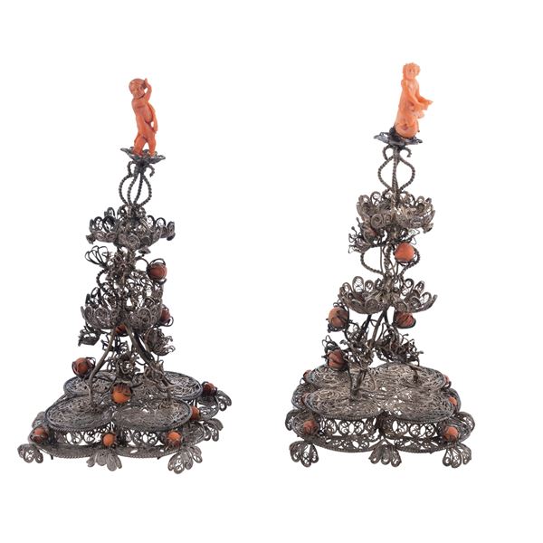 Pair of silver and red coral stands