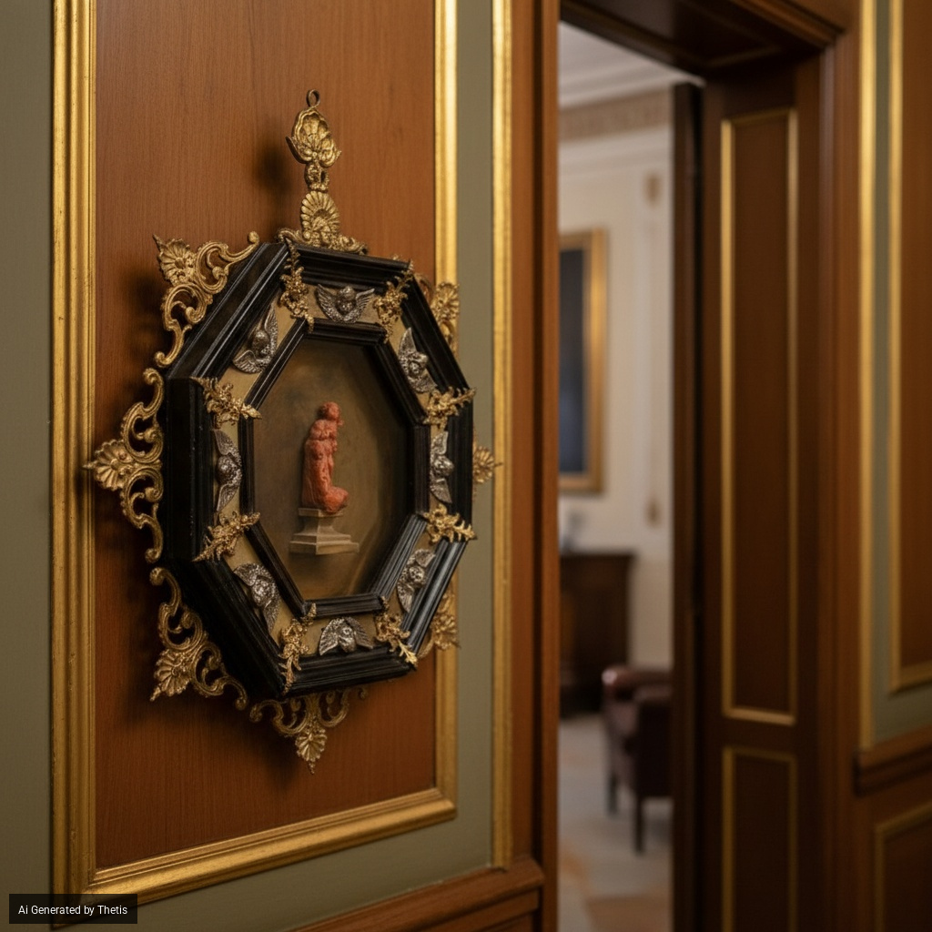 Cornice in Legno Ebanizzato, Rame, Metallo e Corallo Rosso