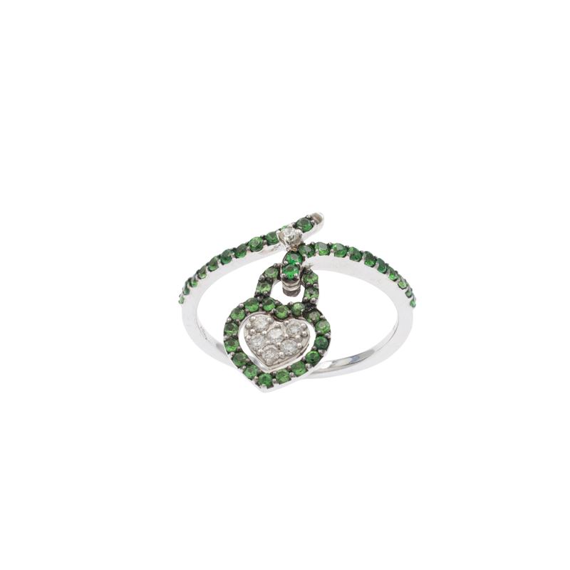 Anello lucchetto a cuore in oro bianco 18kt tsavorite e diamanti