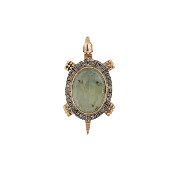 Pendente tartaruga in oro rosa 14kt argento e giada