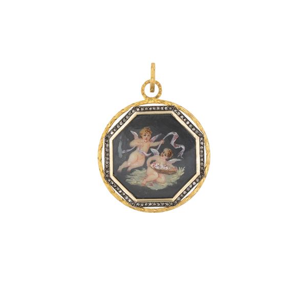 Antico pendente in oro 18kt argento e rose di diamante