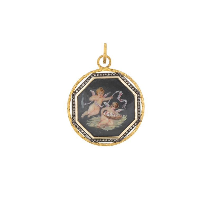 Antico pendente in oro 18kt argento e rose di diamante