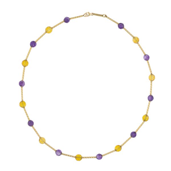 Collana in oro giallo 18kt sfere di ametista e quarzo citrino