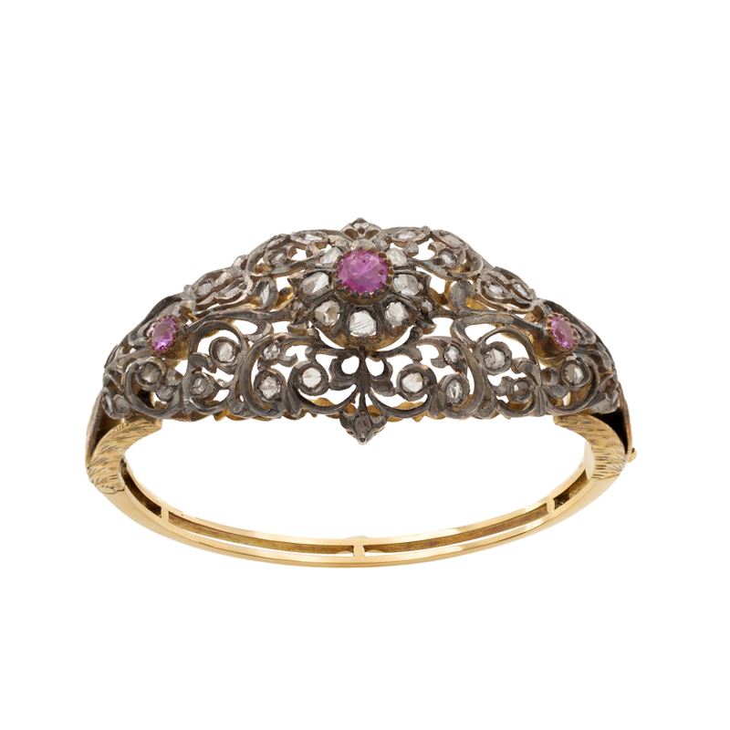 Bracciale a manetta in oro giallo 18kt e argento, primi '900