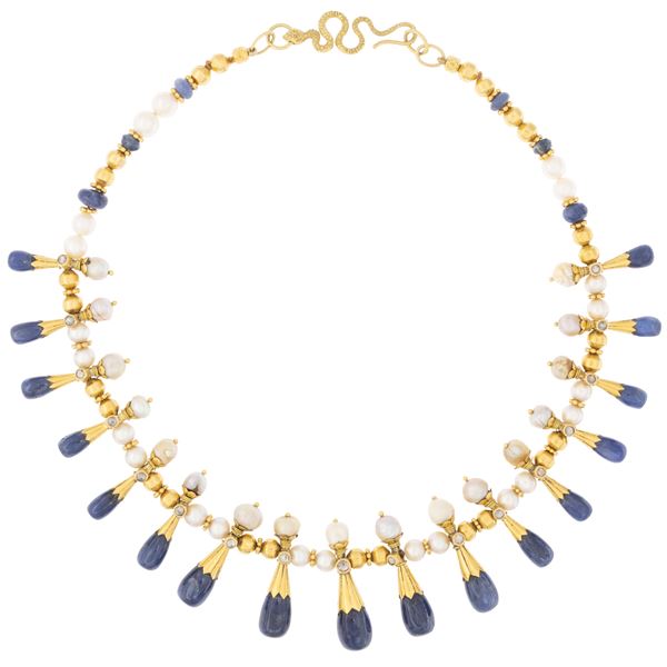18kt yellow gold collier with pendant sapphires and cultured pearls