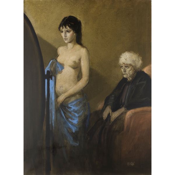 Alberto Sughi - "Ragazza allo specchio e donna anziana"