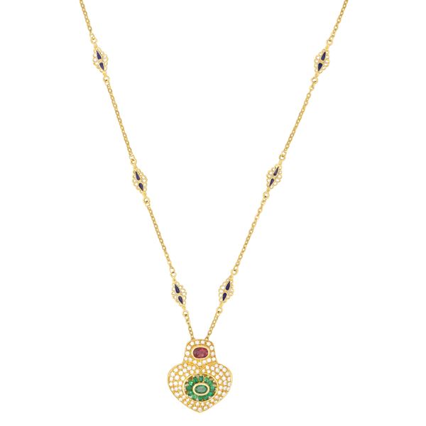 18kt yellow gold, ruby, emeralds and diamonds Removable pendant