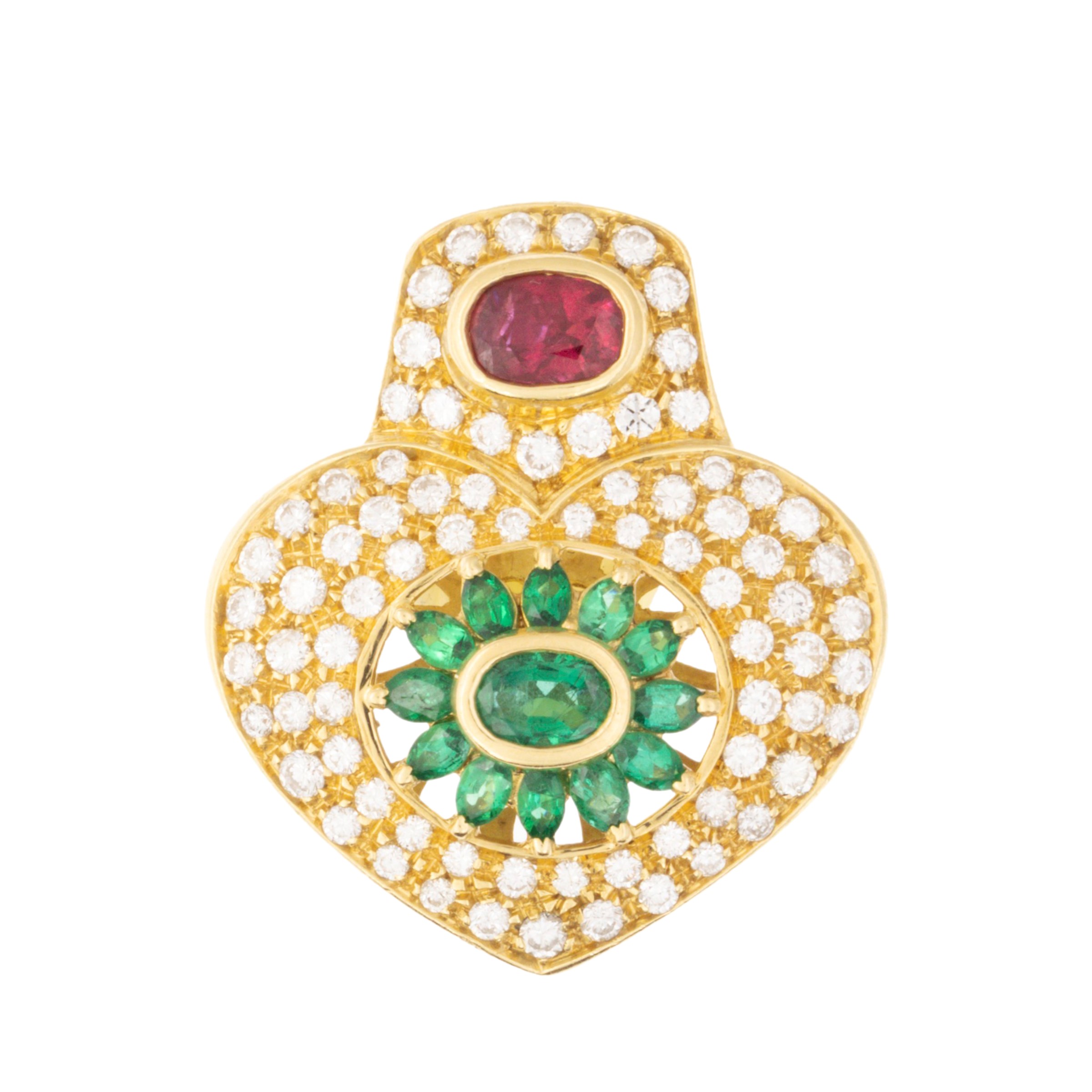 Pendente removibile in oro giallo 18kt rubino, smeraldi e diamanti