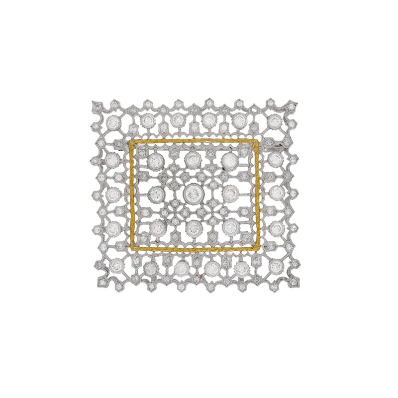 Spilla rettangolare in platino, oro giallo 18kt e diamanti