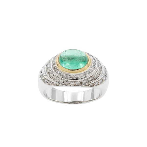 18kt white and yellow gold, natural emerald and diamonds ring