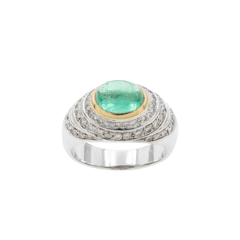 Anello in Oro Bianco e Giallo 18kt Smeraldo Naturale e Diamanti