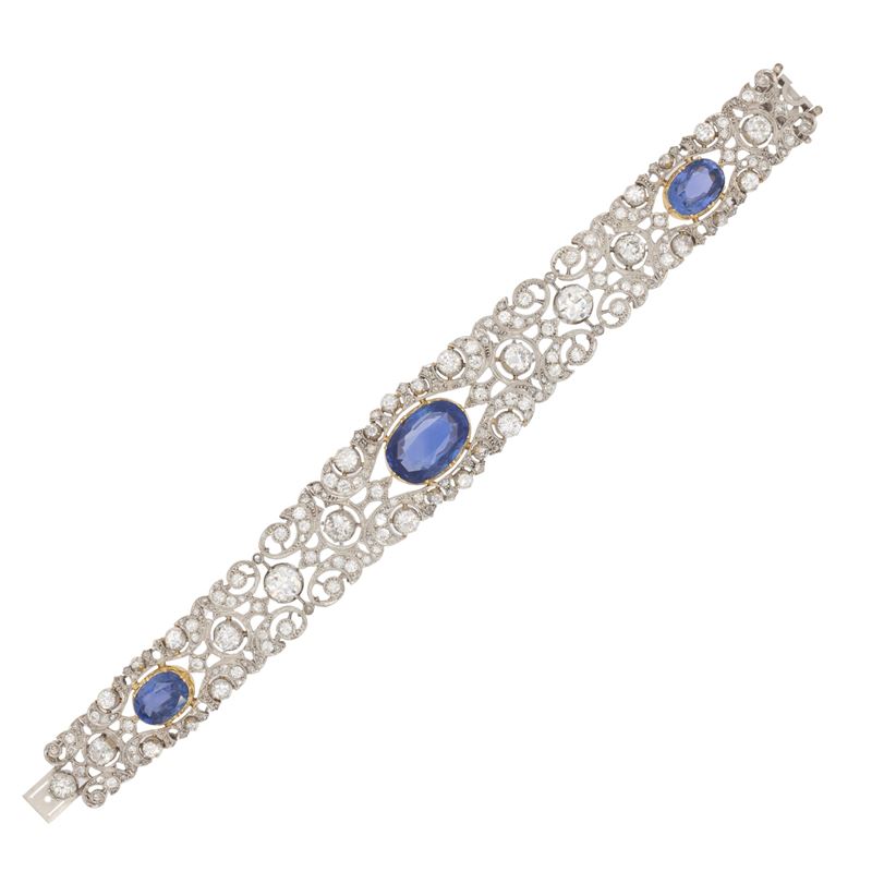 Importante bracciale in platino tre zaffiri naturali e diamanti