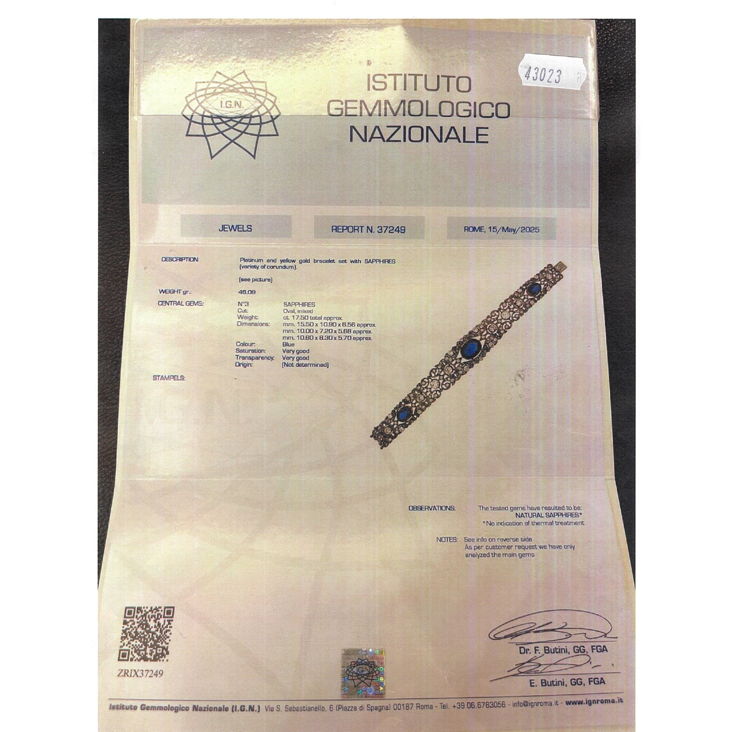 Importante bracciale in platino tre zaffiri naturali e diamanti