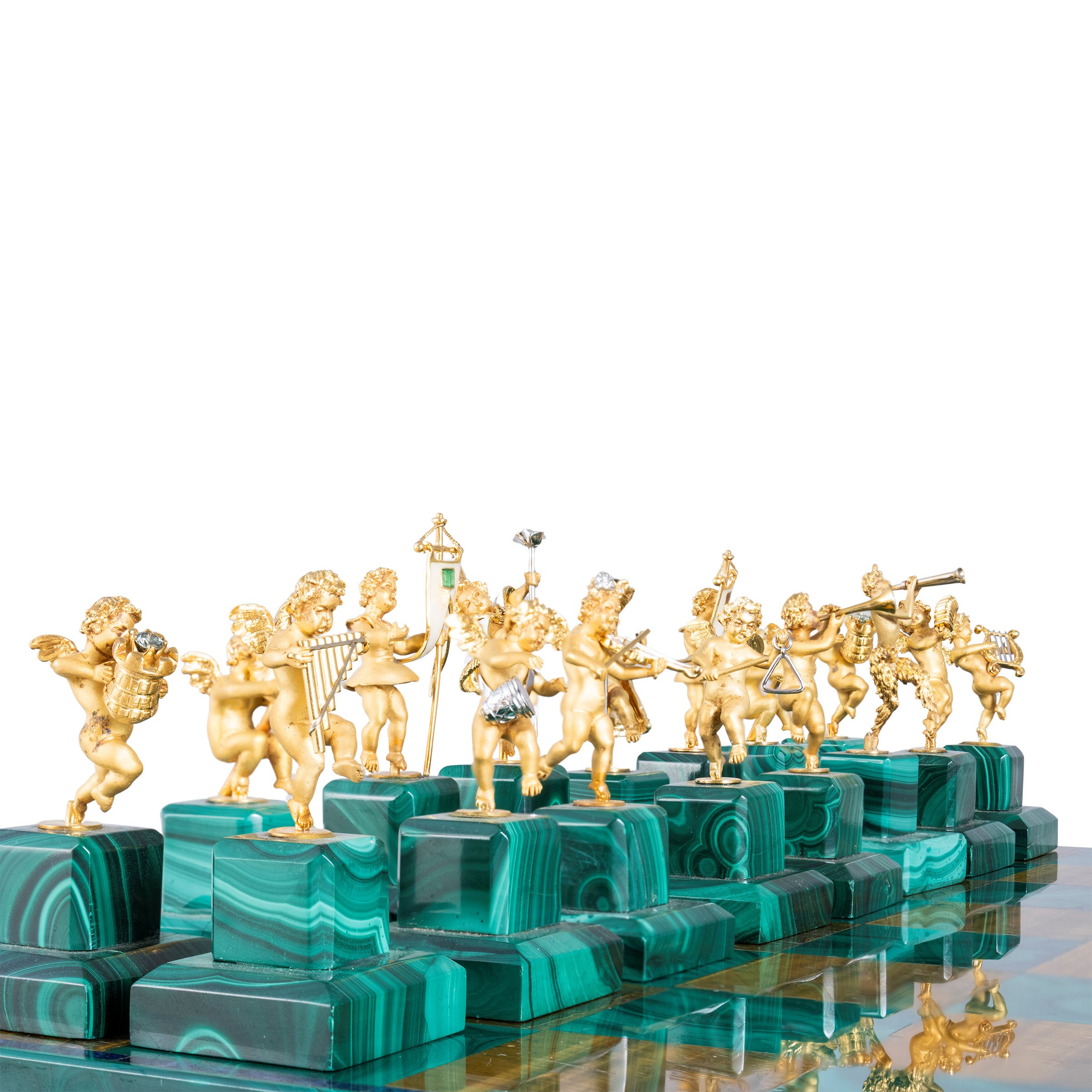 Scacchiera in oro giallo 18kt con malachite, occhio di tigre e profilo in lapislazzulo