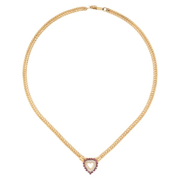 18kt yellow gold heart necklace with diamonds and rubies
