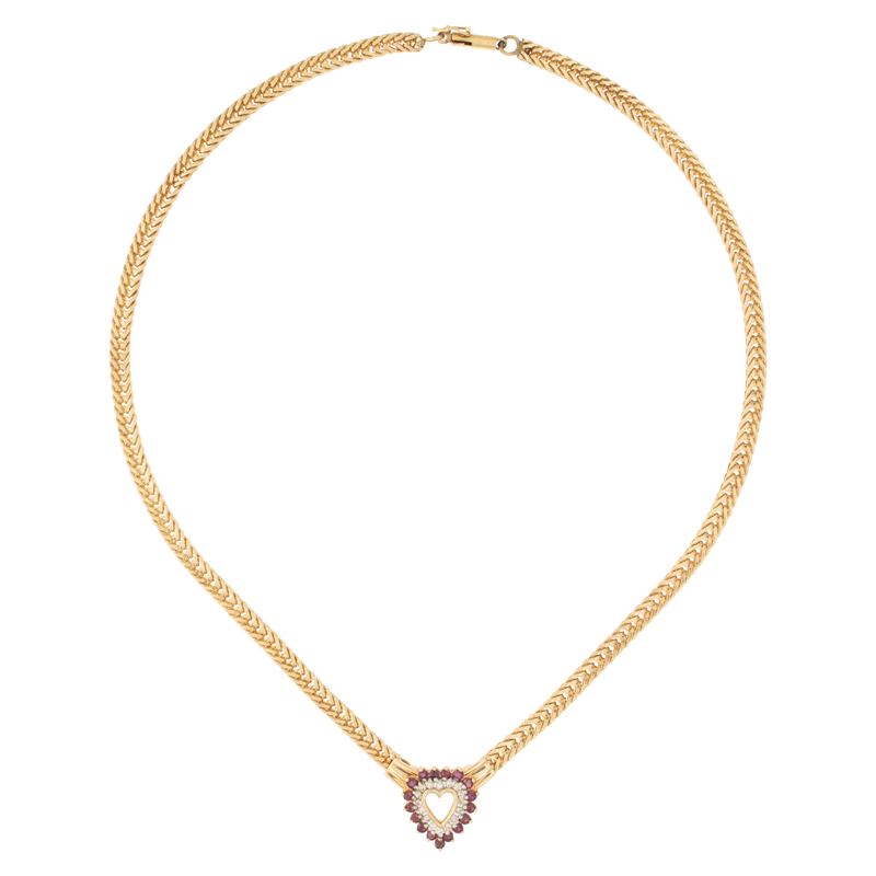 Collana in Oro Giallo 18kt Cuore con Diamanti e Rubini