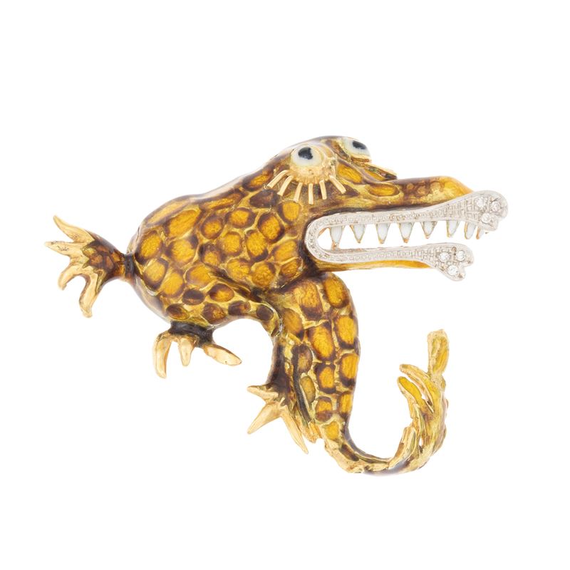 Spilla coccodrillo in oro giallo 18kt, smalto policromo e diamanti