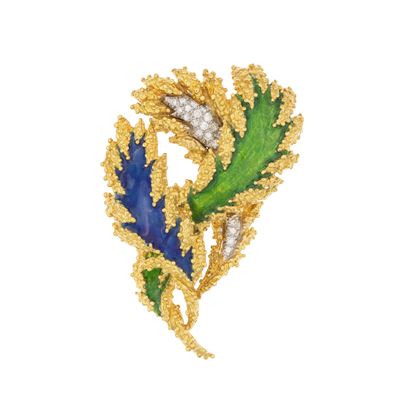 Spilla Ramage in Oro Giallo 18kt, Smalto Policromo e Diamanti