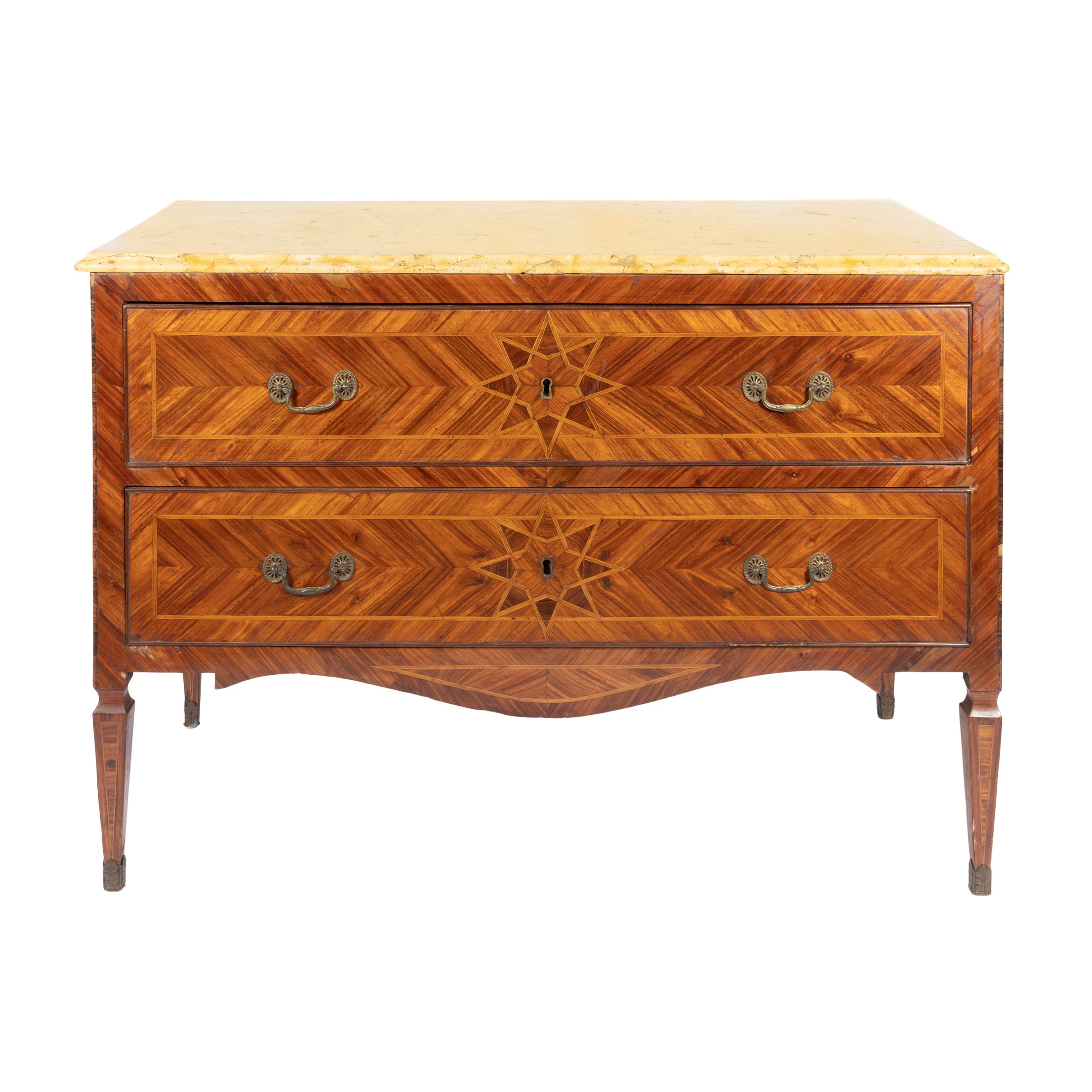 Coppia di cassettoni lastronati e filettati in legni vari