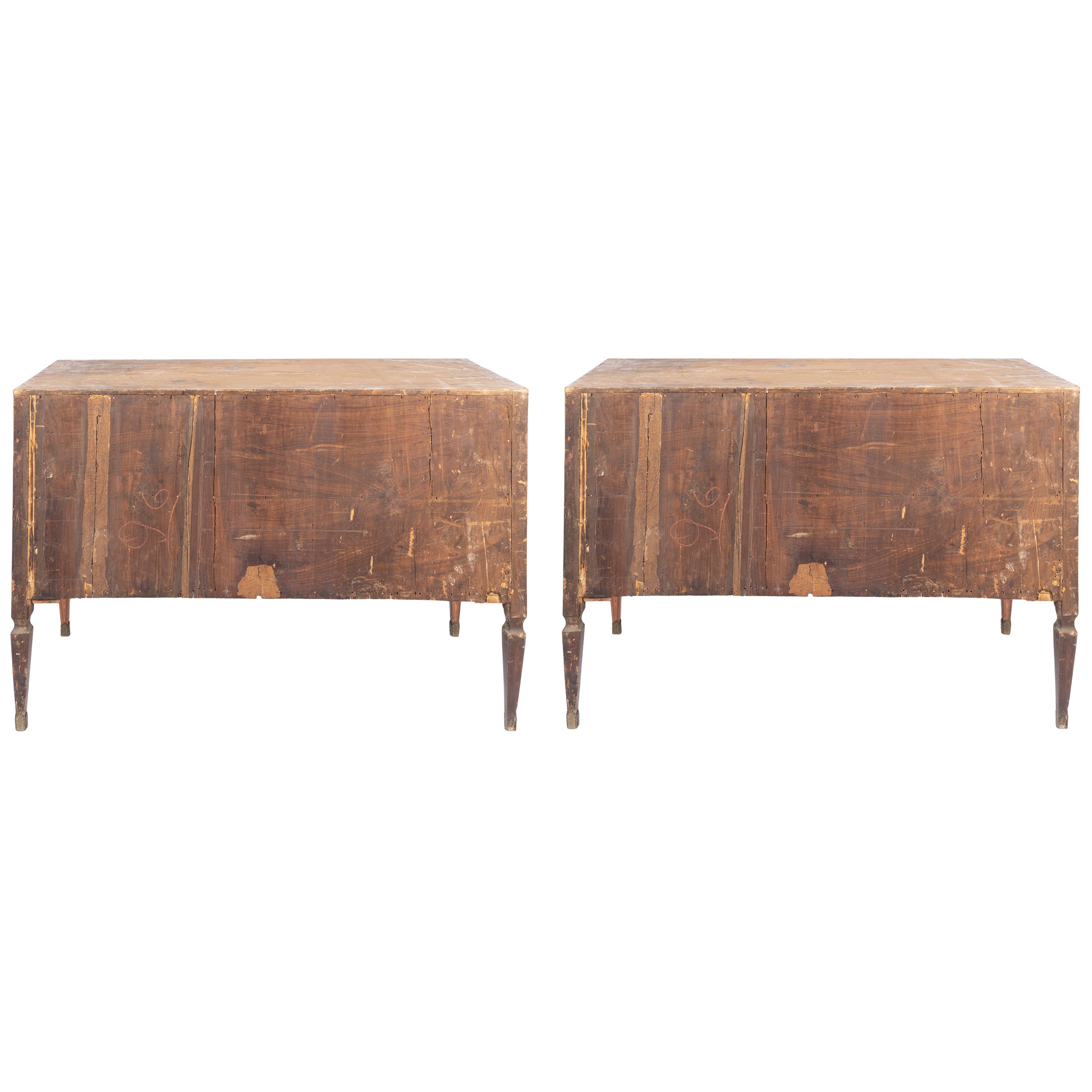 Coppia di cassettoni lastronati e filettati in legni vari