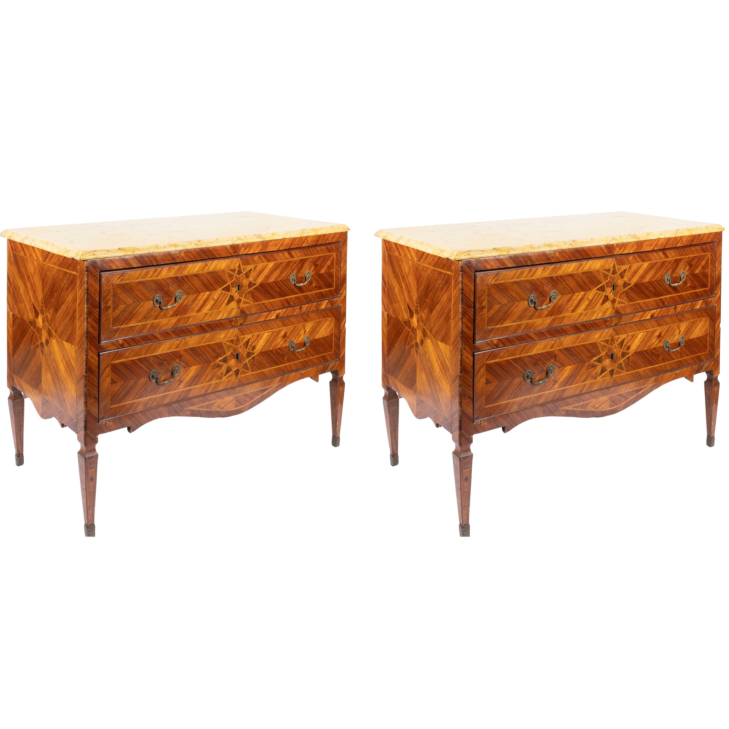 Coppia di cassettoni lastronati e filettati in legni vari