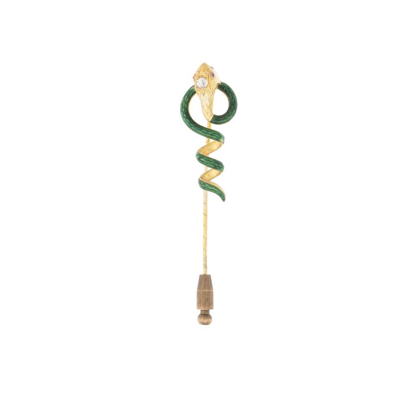 Spillone serpente, oro giallo 18kt e smalto con diamante e rubini