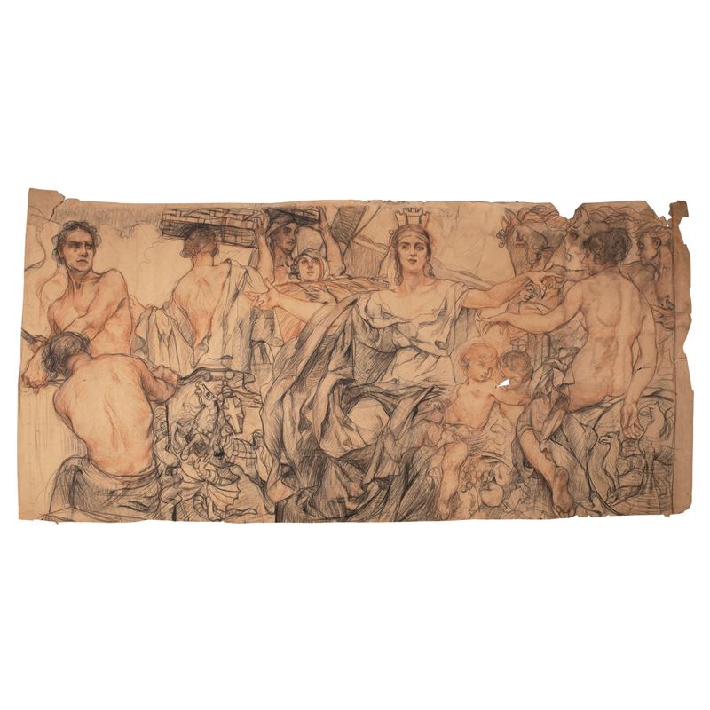 Giuseppe Rivaroli - Bozzetto per gli affreschi del Ministero della Marina, carboncino e sanguigna...