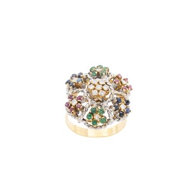 Anello girevole a motivo floreale, oro 18 kt con diamanti e gemme