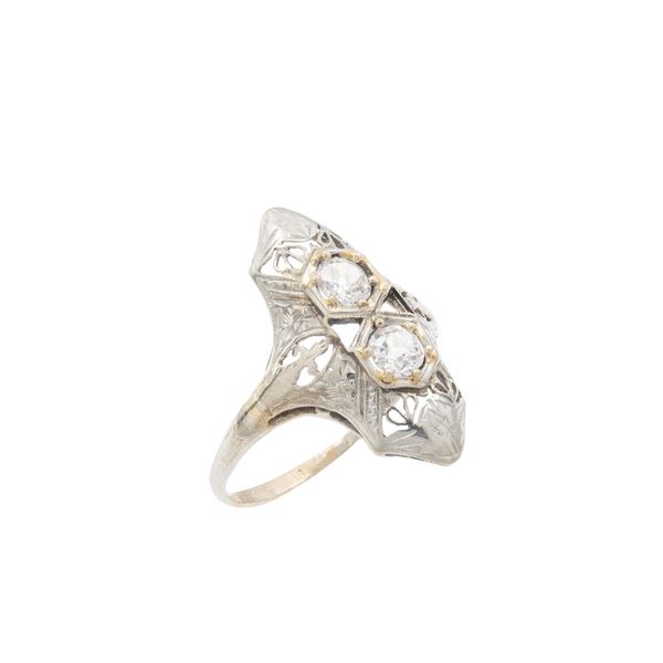 Antique leverback ring with two old mine diamonds