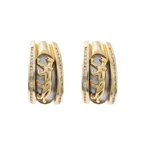 Orecchini pantere a lobo in oro giallo 14kt, acciaio e diamanti