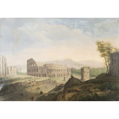 Pittore del Grand Tour, Veduta del Colosseo con L'Arco di Costantino e la Meta Sudans, olio su te...