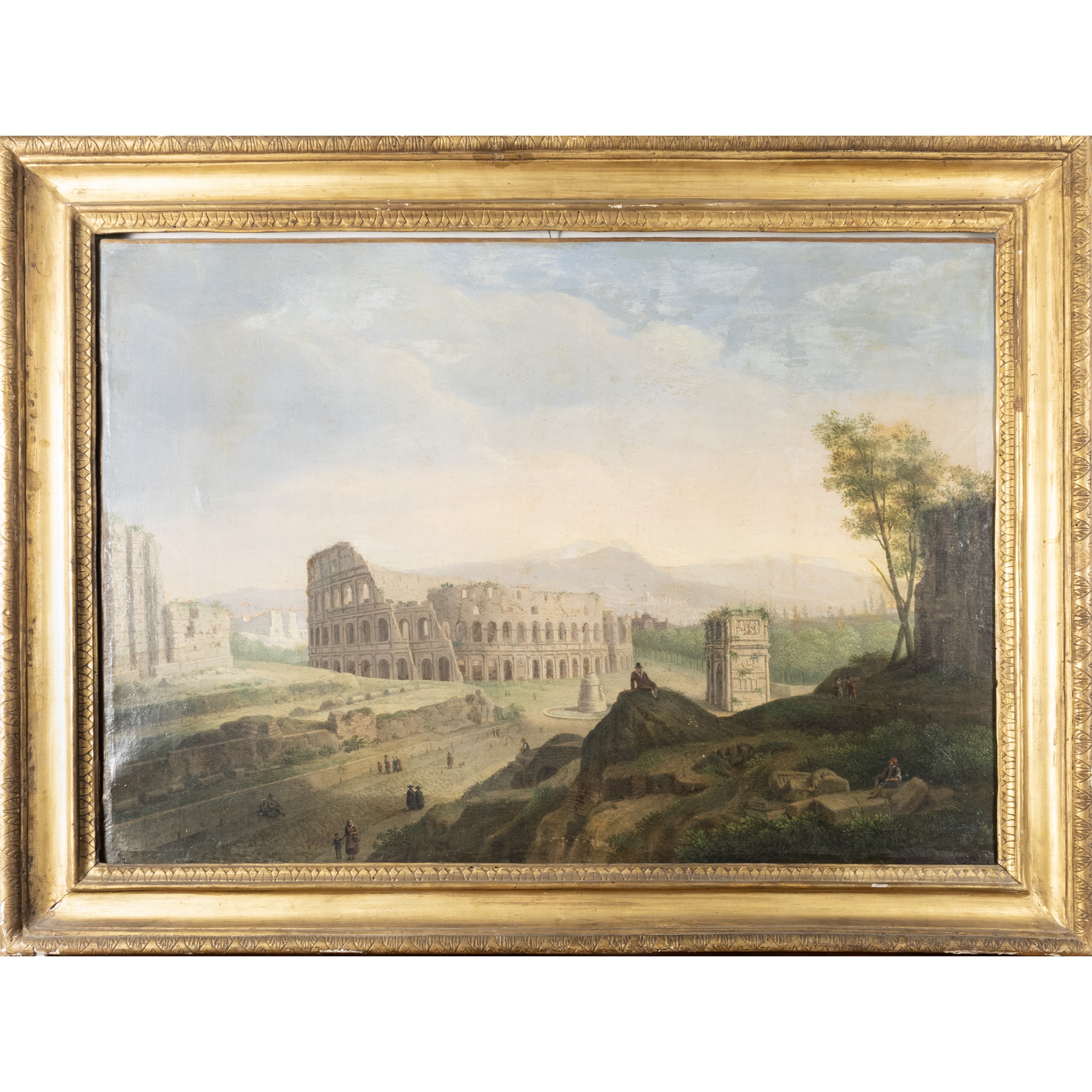 Pittore del Grand Tour, Veduta del Colosseo con L'Arco di Costantino e la Meta Sudans, olio su te...
