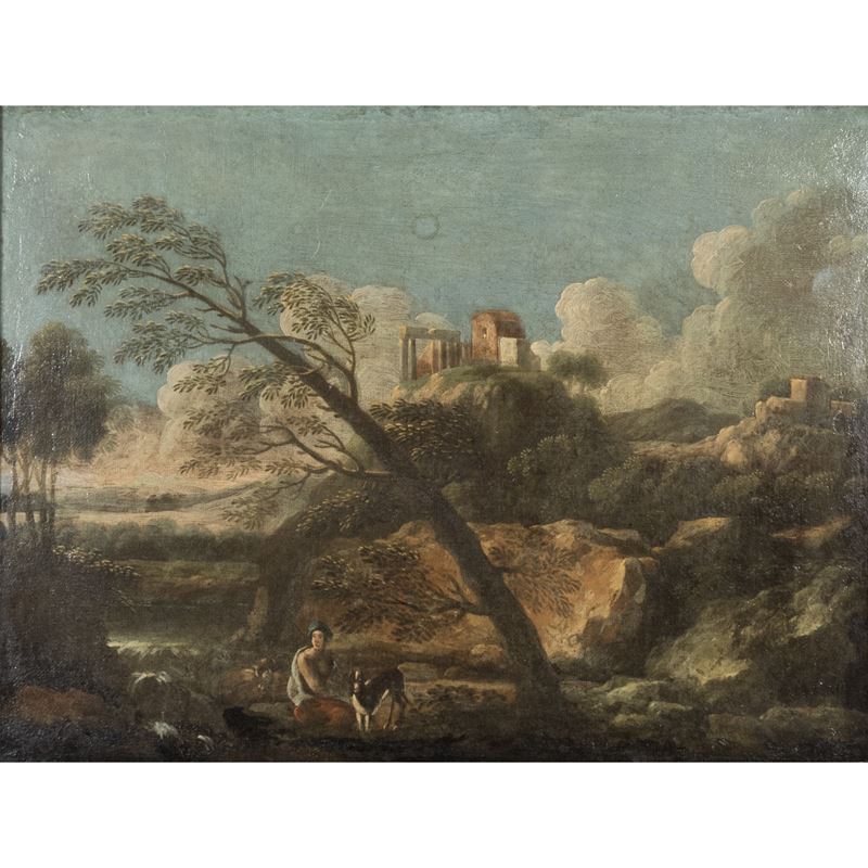 Pittore attivo a Roma, Paesaggio con rovine, olio su tela