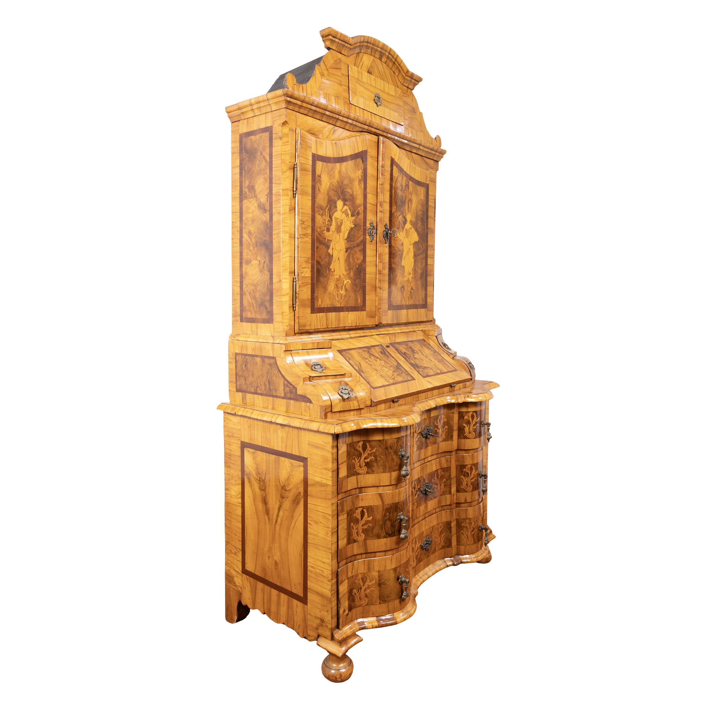 Trumeau a quattro corpi intarsiato e filettato in legni vari