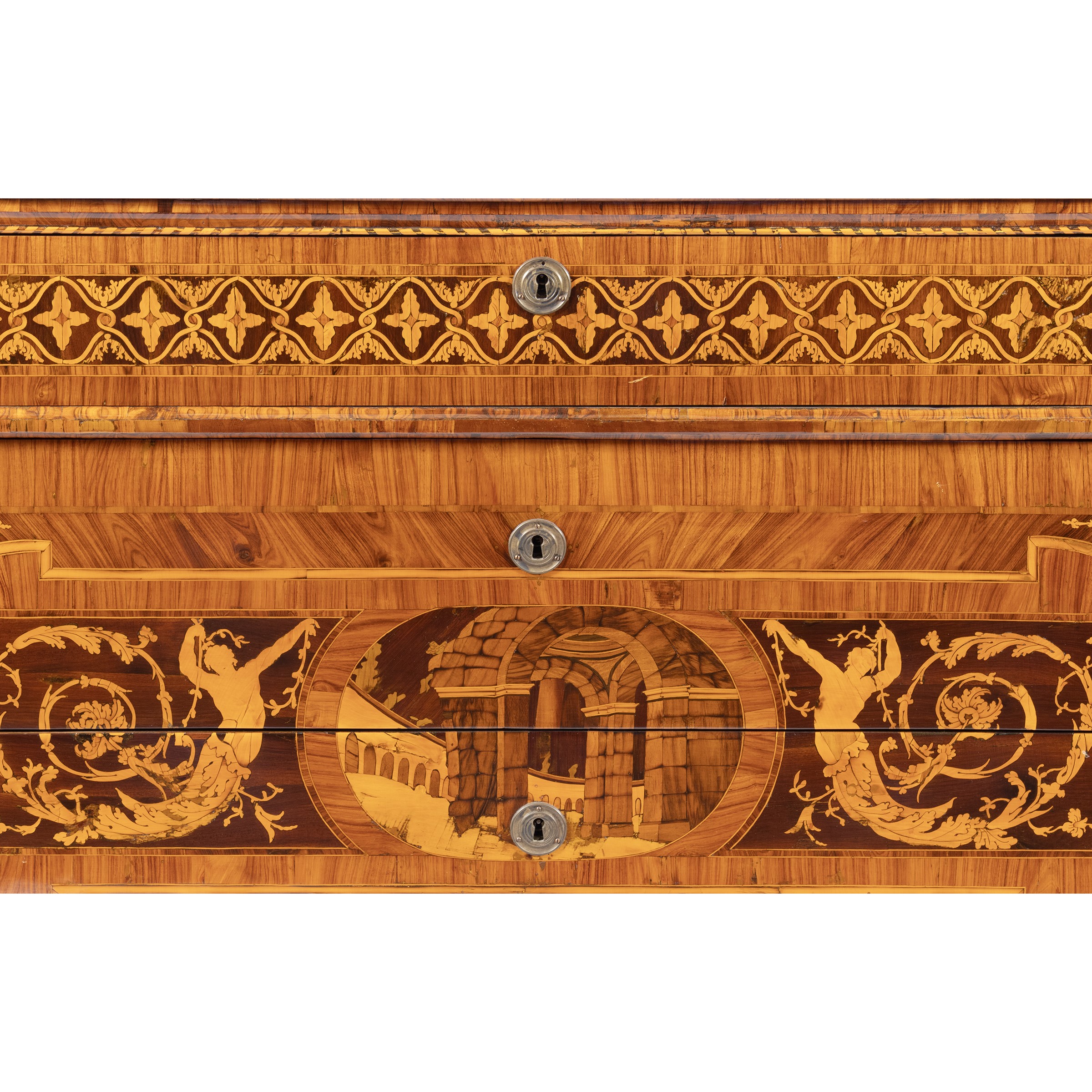 Cassettone lastronato ed intarsiato in legni vari