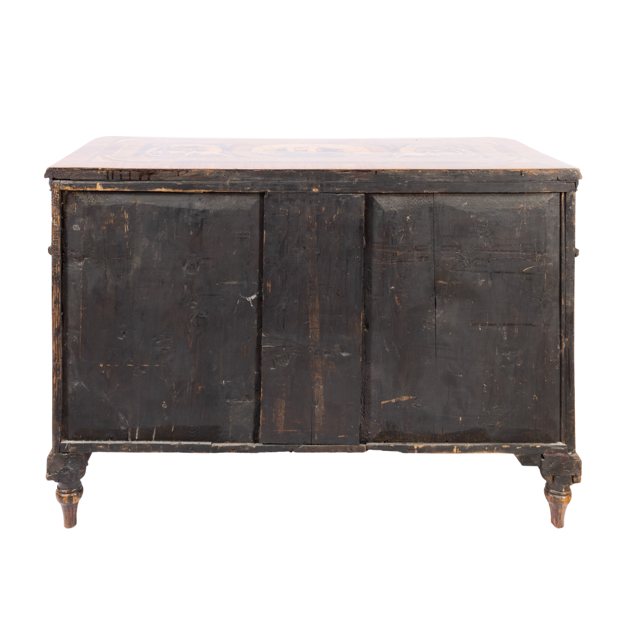 Cassettone lastronato ed intarsiato in legni vari