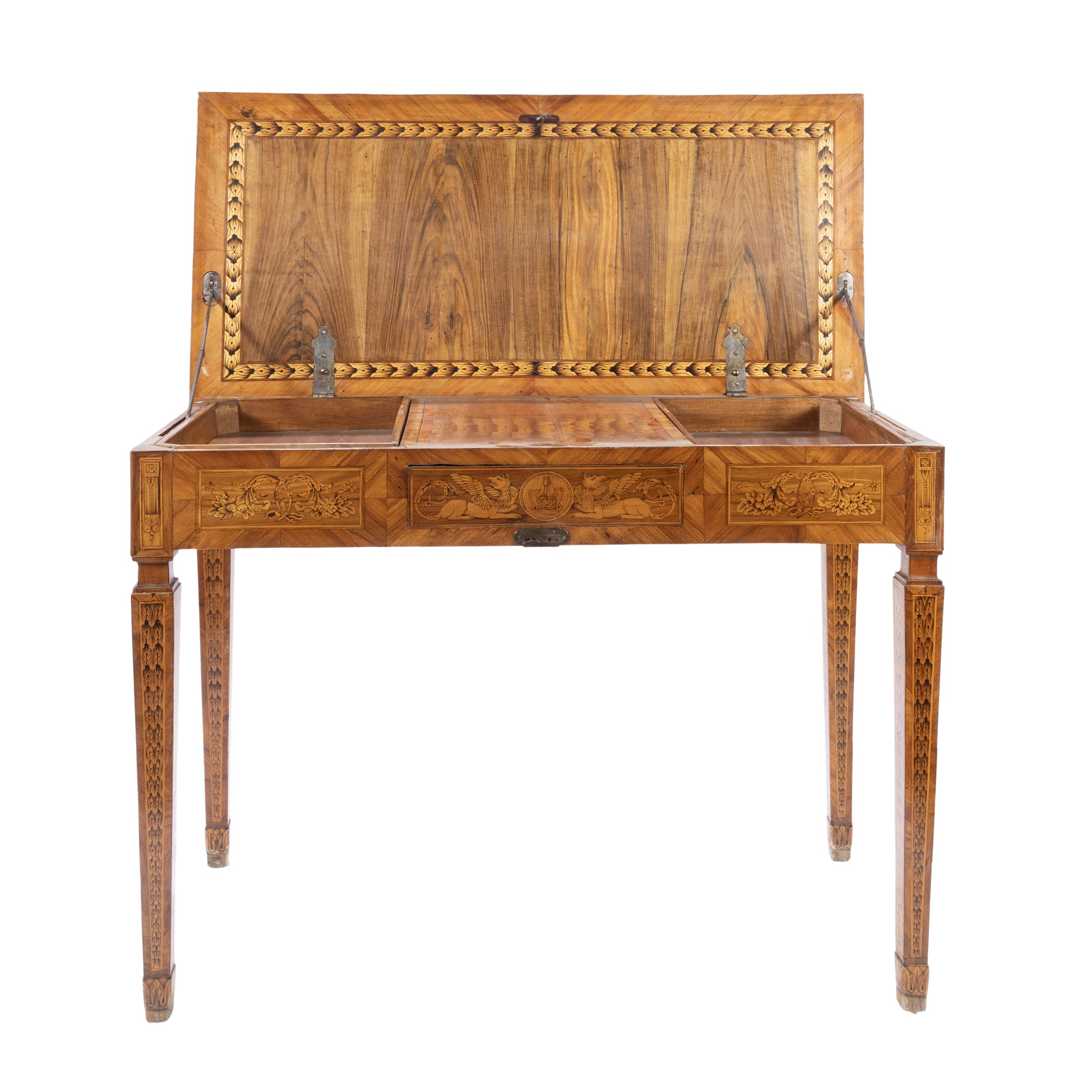 Tavolo scrittoio da centro impiallacciato in legni vari