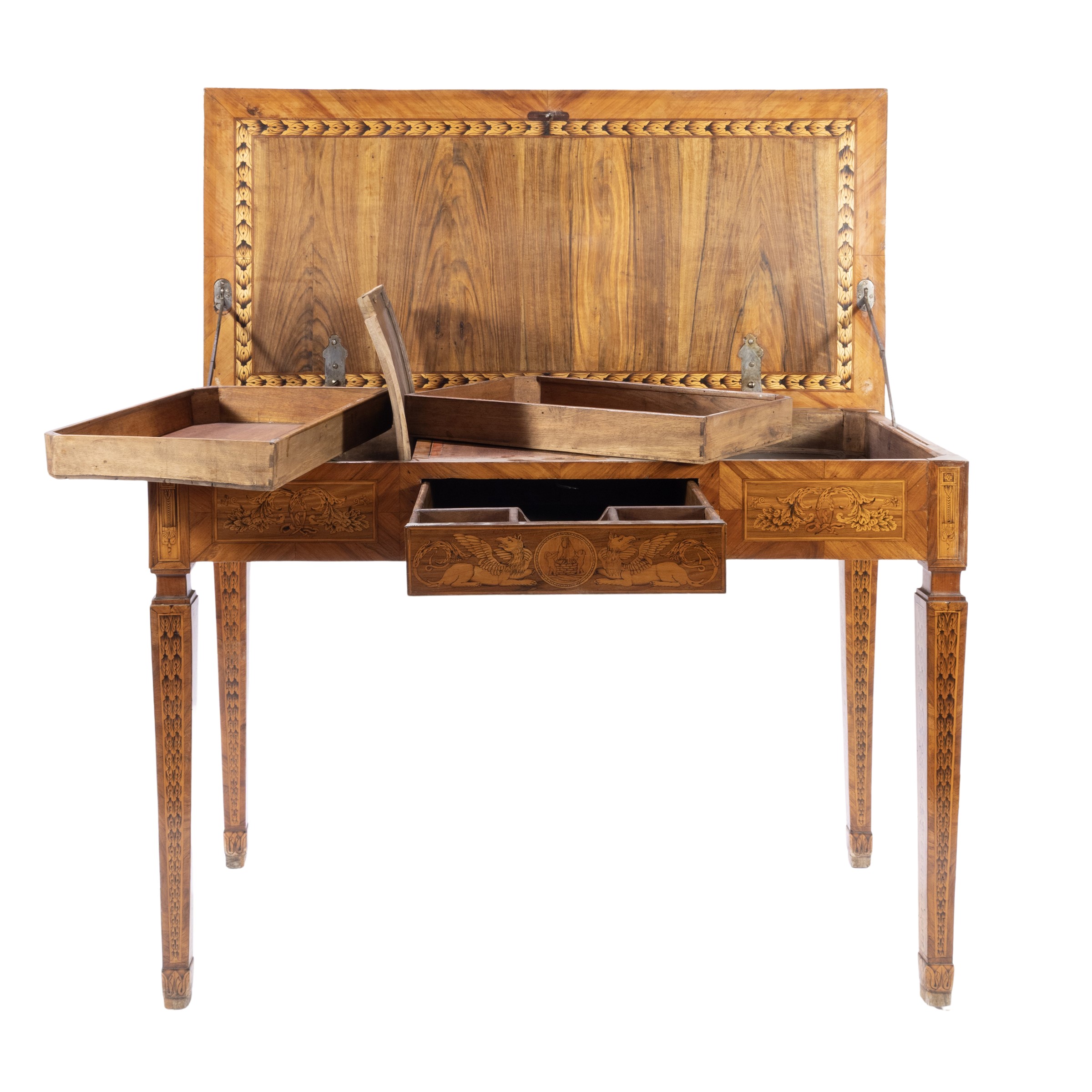 Tavolo scrittoio da centro impiallacciato in legni vari