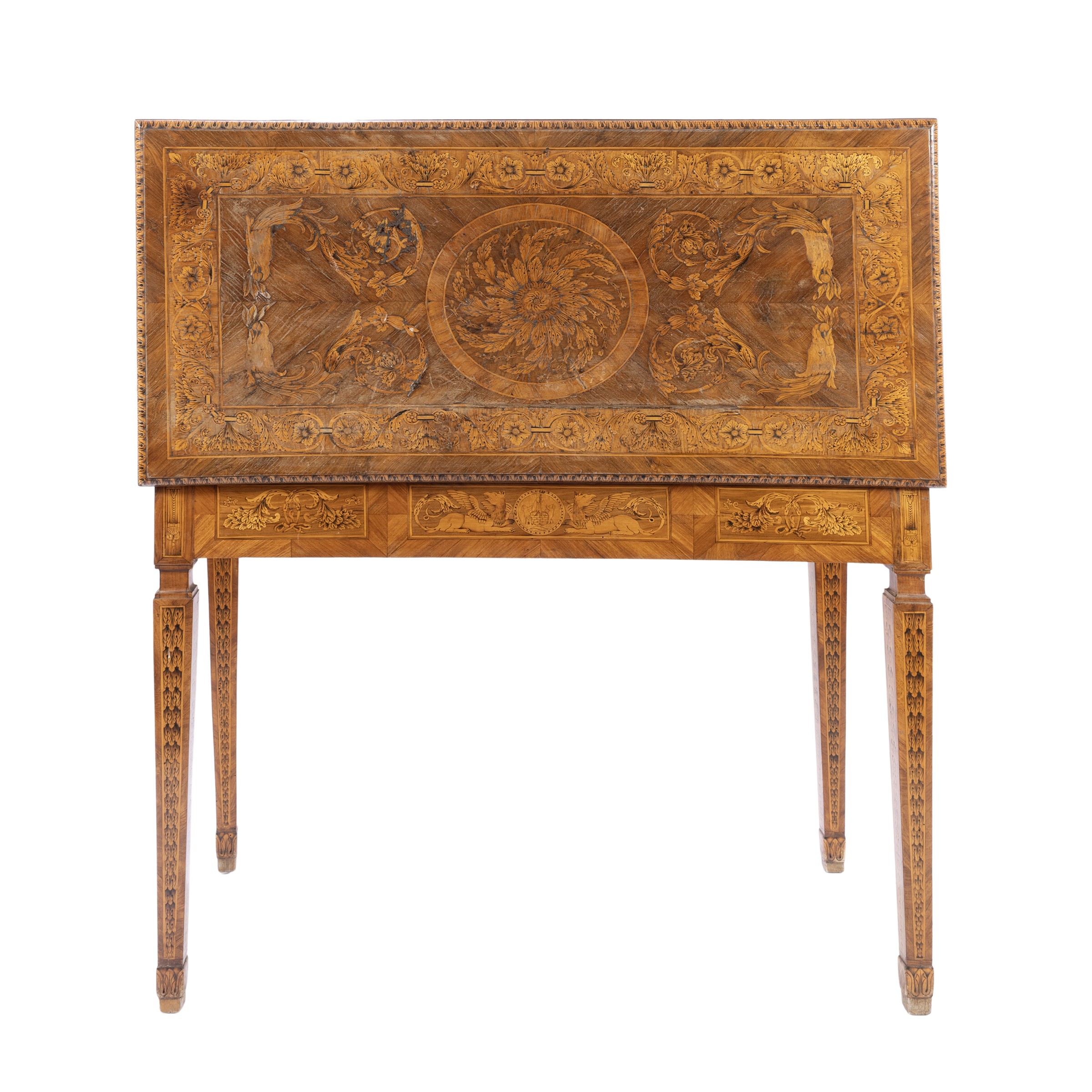 Tavolo scrittoio da centro impiallacciato in legni vari