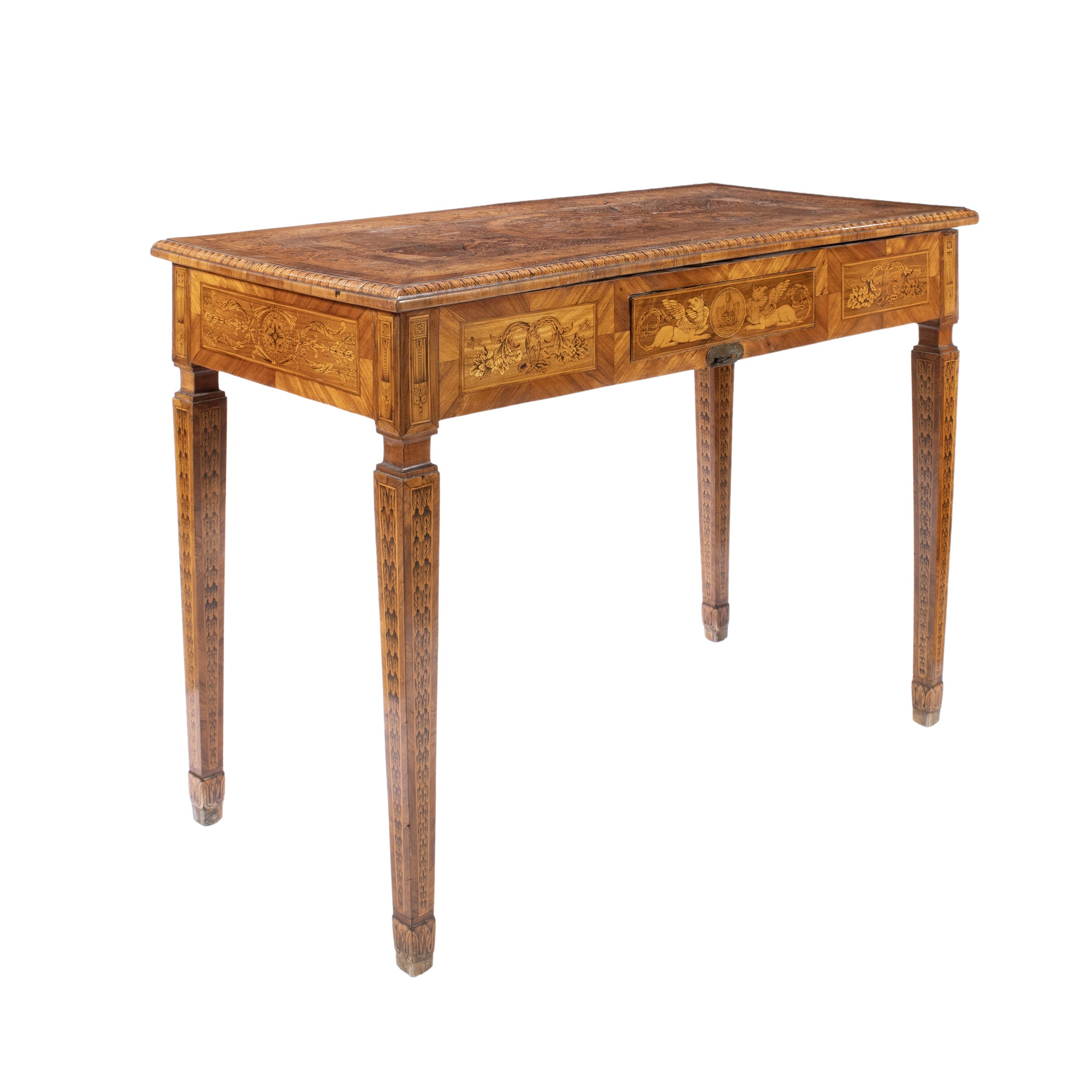 Tavolo scrittoio da centro impiallacciato in legni vari