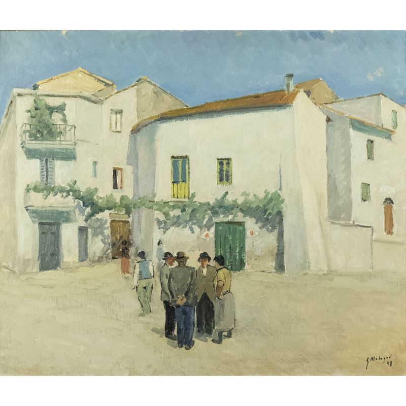 Giuseppe Malagodi - Gente in paese, olio su cartone telato