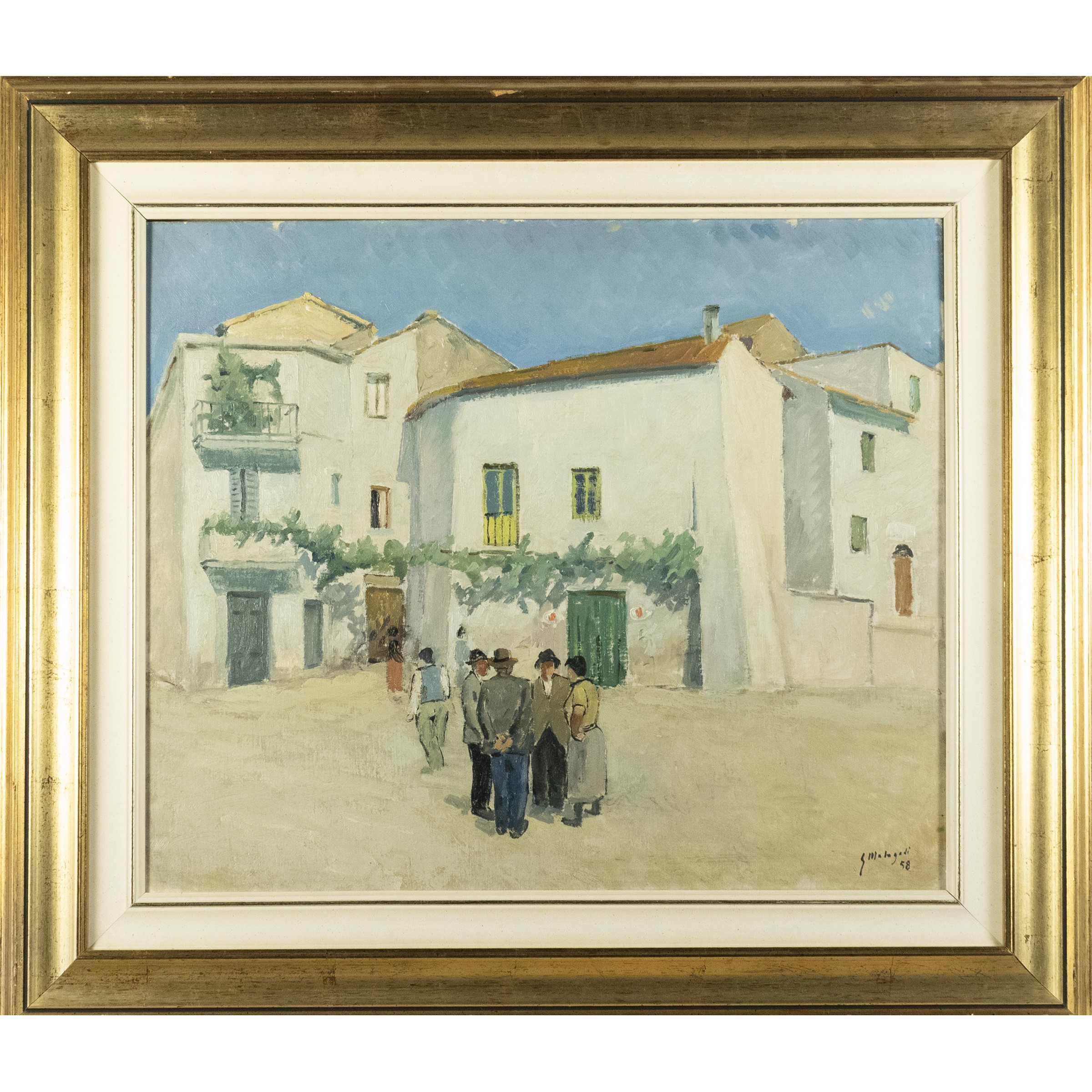 Giuseppe Malagodi - Gente in paese, olio su cartone telato