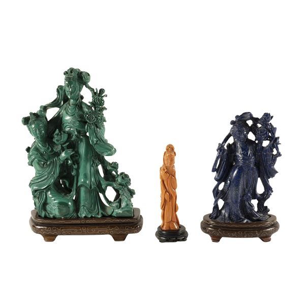 Group of three sculptures in semi-precious stones and coral, depicting Guanyin